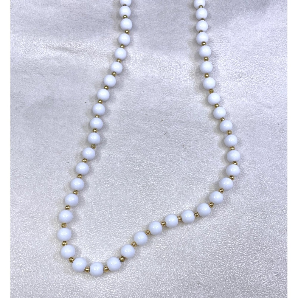 Vintage Signed Monet White Milk Glass Bead Necklace Gold Tone Spacer Beads
